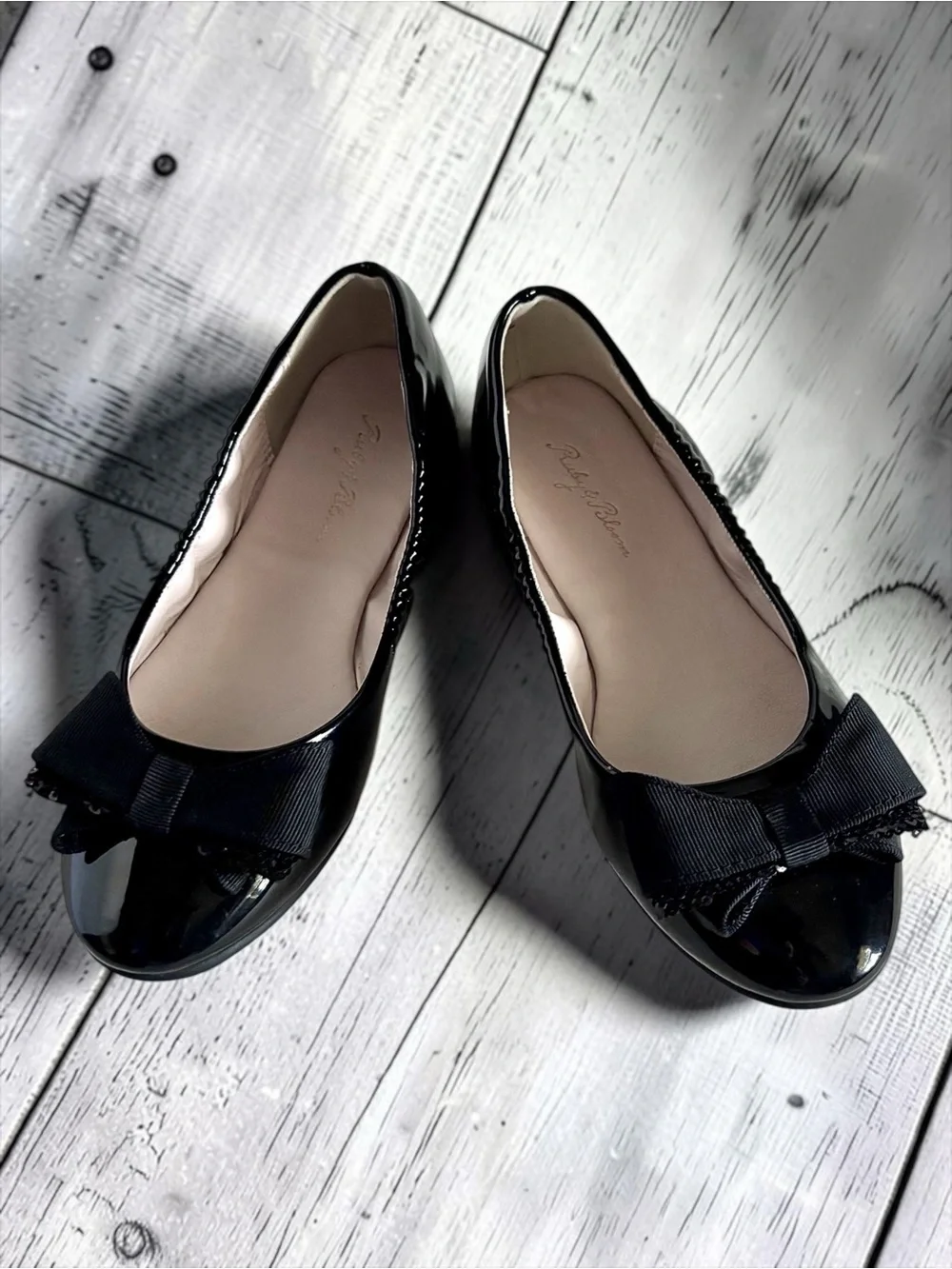 Riley & Bloom Bow Flats Black Patent Shiny Girls Size 1 EUC